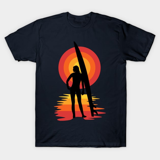 Surfer girl silhouette in front of sunset T-Shirt by All About Nerds